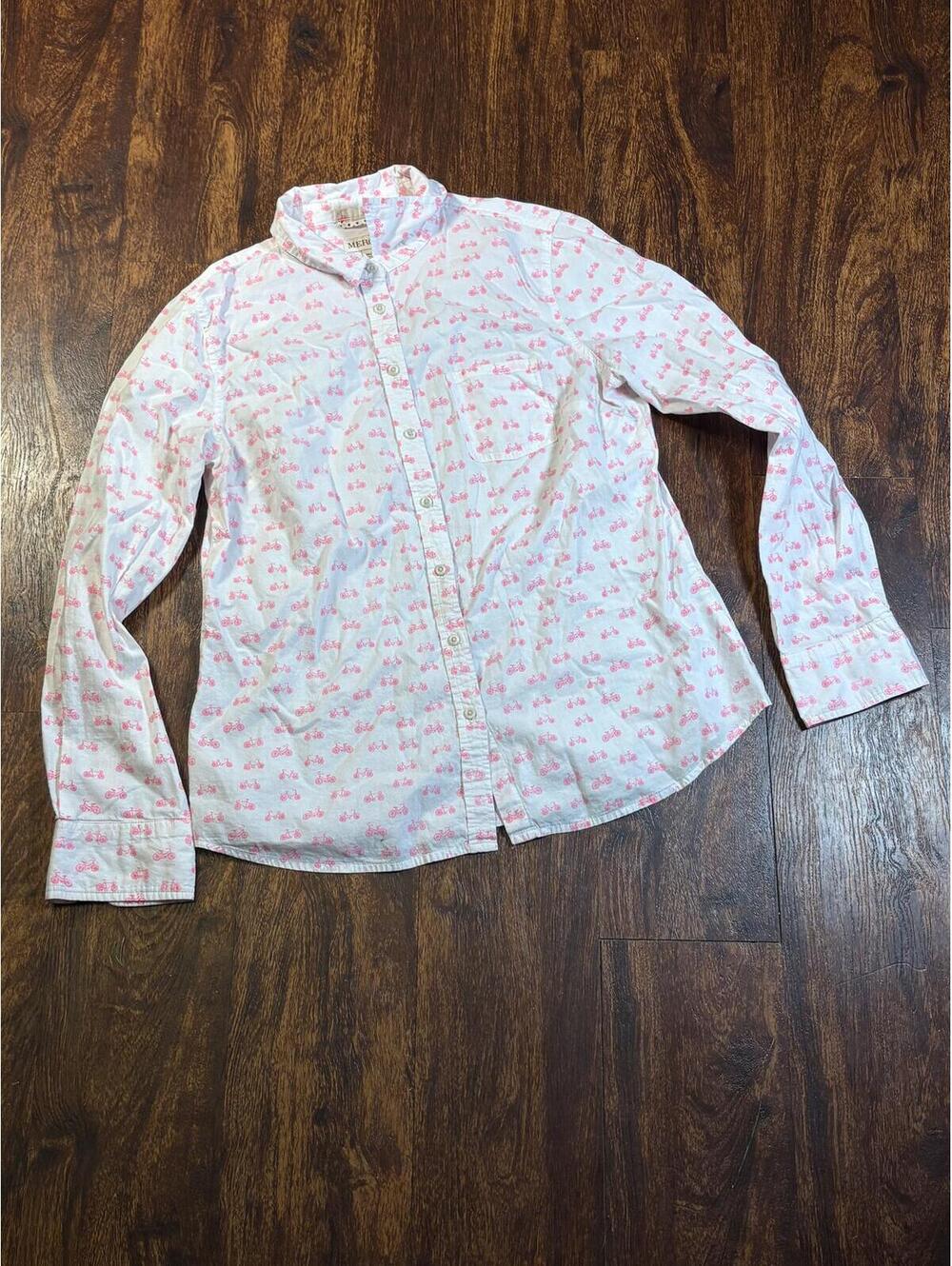 Merona Pink Bicycle Print Button Up Shirt Womens Size M Novelty Cotton